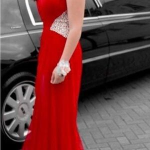 Xscape Strapless Gown in Red with Silver Accents